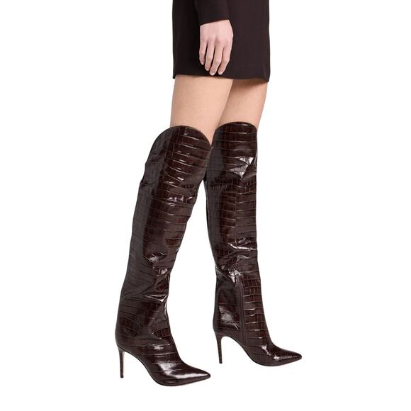 Schutz Maryana Crocodile Embossed Leather Tall Boots Pointed Toe